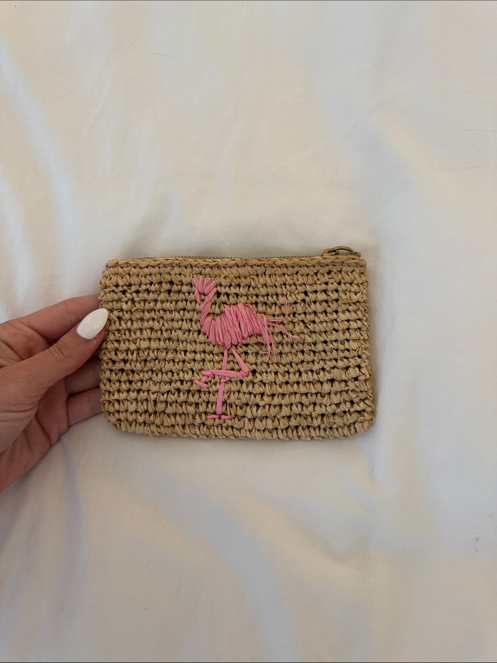 J. Crew Woven Straw Cosmetic Pouch with Pink Flamingo